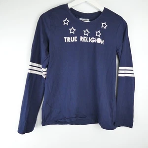 True Religion T Shirt Girls XL (16) Blue Long Sleeve Stars Logo 100% Cotton Tee - Picture 1 of 13