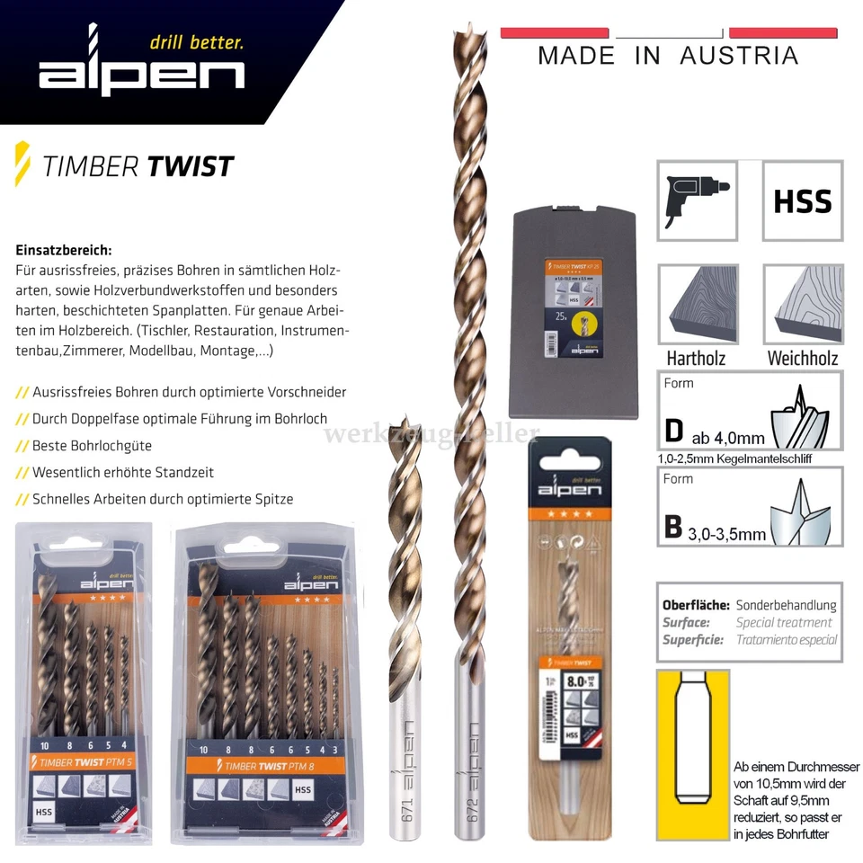 ALPEN-MAYKESTAG Alpen TimberTwist HSS-Holzspiralbohrer 1,0-20mm x 0,5mm - für alle Holzarten