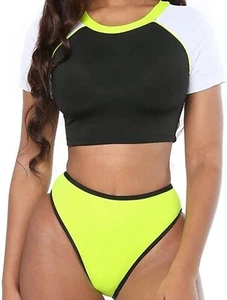 Damen Kurzarm Badeanzug High Waist Bikini Neon Badeanzüge Tanga XL - Bild 1 von 4