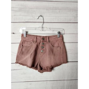 Bullhead Womens Cut Off Denim Shorts Pink Distressed High Rise Button Fly 25 - Picture 1 of 7