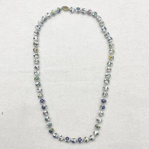 Vintage Cloisonne Enamel Bead Necklace White, Gold, Pink Floral, Hand Knot 28" - Picture 1 of 12