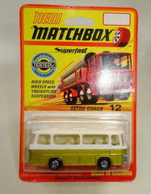 Matchbox Superfast Nr. 12B Setra Coach gold & weiß auf 1970 "LKW" Blisterkarte - Bild 1 von 4