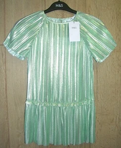 Marks & Spencer Girls Metallic Green Pleated Party Dress Age 5-6 116 New RRP£28 - Picture 1 of 3