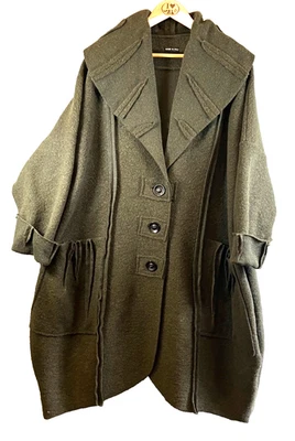 Italian Designer Long Wool Oversized Coat Large Lapels Pockets Cuffs Lg/XL Olive - Image 1 of 4