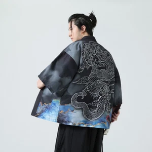 Japanese Men Kimono Cardigan Top Shirt Coat Dragon Printed Yukata Ethnic Retro - Picture 1 of 12
