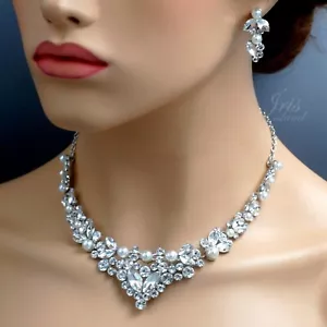 Conjunto de Joyas Cristal y Perlas Collar Pendientes Chapados en Rodio Mujer Boda 083 - Imagen 1 de 7