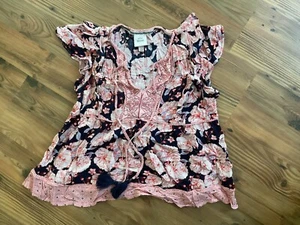 Knox Rose Women's Navy Blue Pink Floral Tassel Blouse Top Flutter Sleeve Large - Picture 1 of 4