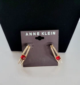 Anne Klein Gold-Tone Small Pavé & Red Color Hexagon Stone Open Hoop Earrings New - Picture 1 of 7