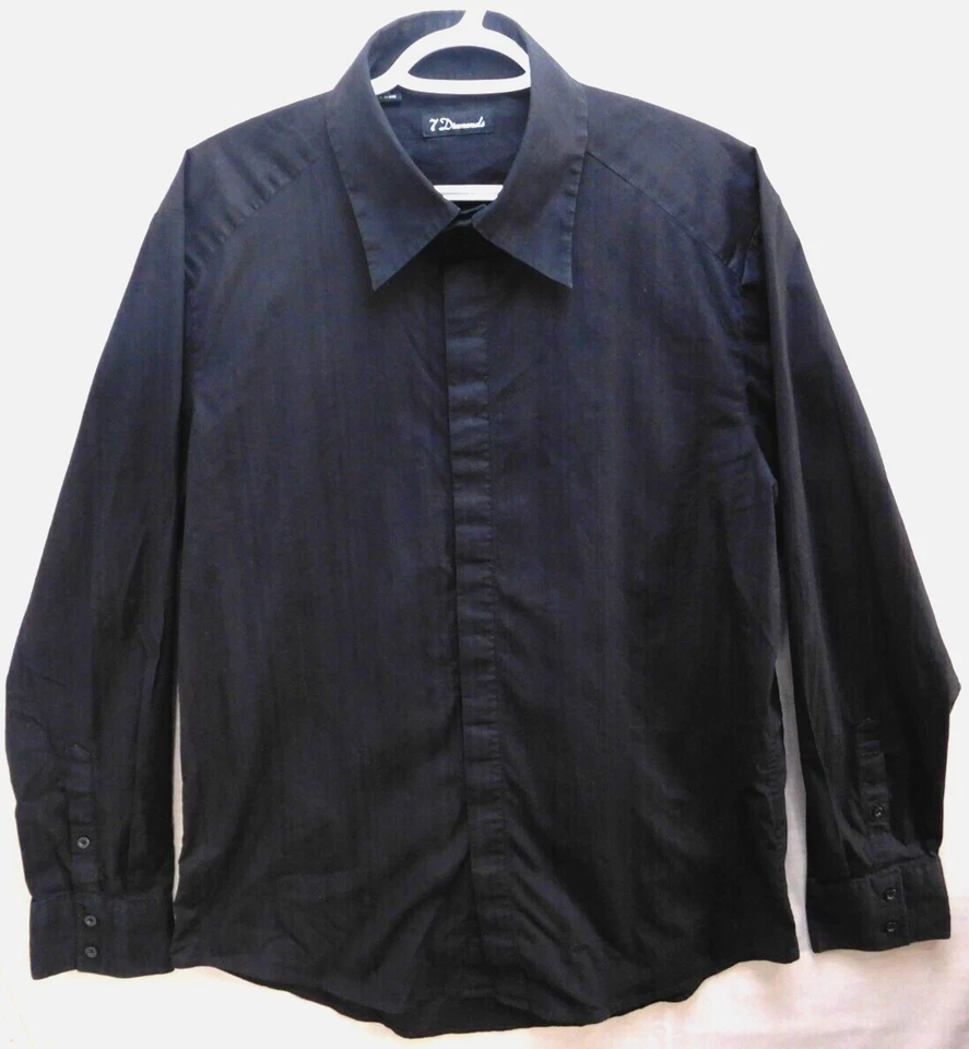 Camisa masculina 7 botões diamante XL preta manga longa listras elásticas - Imagem 1 de 4