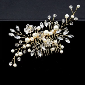Bridal Pearl Flower Crystal Hair Comb, Wedding Rhinestone Floral Wire Headpiece - Picture 1 of 7
