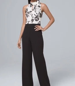 White House Black Market Womens Halter-Neck Floral Jumpsuit White Black 14 NWT - Picture 1 of 13
