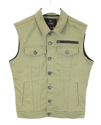 Colete Guess masculino pequeno colarinho polo abotoado denim verde cáqui - Imagem 1 de 4