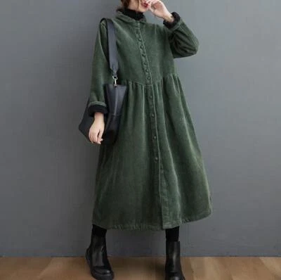 Mujer Invierno Retro Línea A Pana Larga Chaqueta Big Swing Cálido Forrado Abrigo  Foto 1 de 4