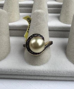 NWT South Sea Gold Pearl + Champagne Diamonds Ring Size 9 14K Over 925 Sterling - Picture 1 of 16
