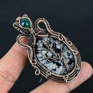 Snowflake Obsidian Gemstone Pure Copper Wire Wrapped Pendant Handcrafted Jewelry - Picture 1 of 5