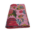 Bohemian Pink Floral Queen Kantha Quilt With 2 Pillow Cotton Bedding Bedspread