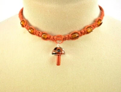 Burnt Orange Hemp Necklace With Orange Glass Mushroom Hippie Macramé Handmade  - Image 1 of 3