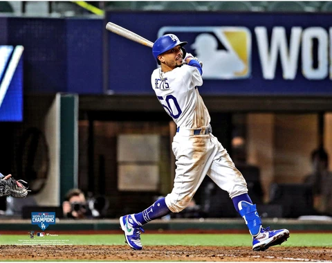 Mookie Betts Dodgers Unsigned 2020 MLB World Series Champions Hitting Photograph Cover