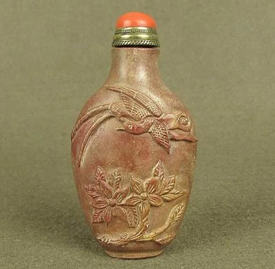 Botella de tabaco de piedra antigua de la dinastía Qing china flor de fénix tallada de 2 caras Foto 1 de 4