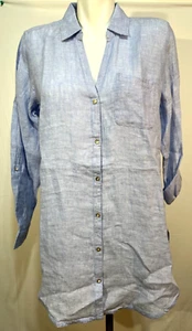 Sigrid Olsen Linen Women Top Long Blouse Tunic Medium Lt Blue New NWT Button - Picture 1 of 8