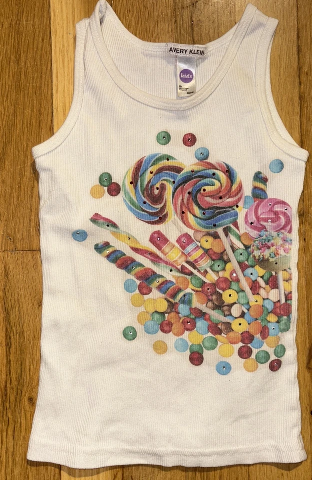 Girls Kids American Apparel White Tank Top w Lollipops & Candy Size 6 - Image 1 of 1