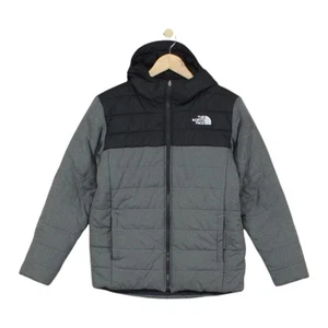 North Face Quilted Jacket Boys Size L Grey Reversible Hooded Outdoor - Picture 1 of 14