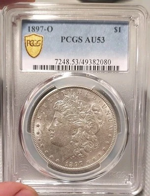 1897-O Morgan Silver Dollar - PCGS AU 53 - Gold Shield True View _ New Orleans - Image 1 of 4