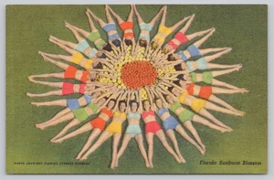 Linen Postcard Women in Swimsuits Florida Sunburst Blossom Pinup - Picture 1 of 2