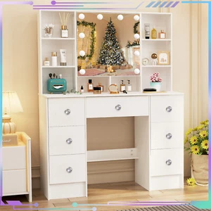 White Makeup Dressing Desk with 7 Drawers and Shelves Bedroom Dresser Table - Picture 1 of 10