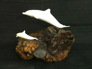 John Perry Sea Sculpture Dolphin & Calf on Burl Wood Base Art 5"W & 4"H - Picture 1 of 8