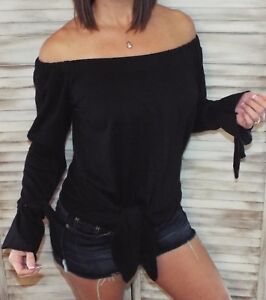 Very Sexy Off Shoulder Tie Front French Terry Blouse Shirt Top Black S/M/L