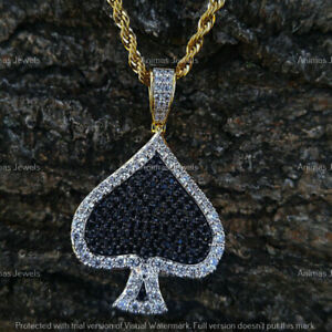 3 CT Black White Moissanite Mens ACE Charm Pendant 14K Yellow Gold Plated Silver
