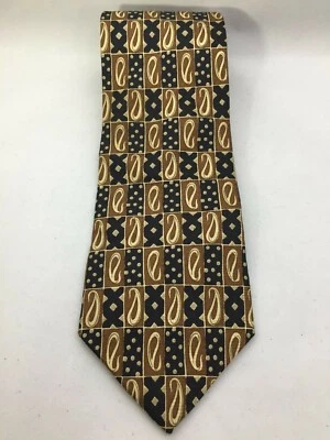 Saks Fifth Avenue Exclusive Mens silk tie Made in USA black brown Geometric - Image 1 of 4