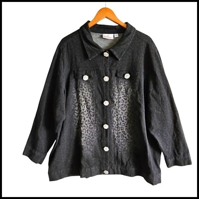Quacker Factory Denim Jacket Leopard Rhinestone Button Front Black 2X NWT - Image 1 of 4