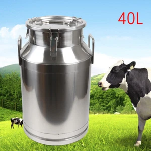 40L Stainless Steel Milk Pail Farm Water Milk Can Wine Bucket With Lid Storage - Picture 1 of 5