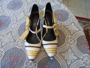 Tory Burch Yellow/White Striped Satin Mary Jane Pumps w/Bow Detail Size 6M - Picture 1 of 12