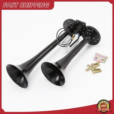 1 pieza 12V/24V 300DB Negro Tren Bocina de Aire 2 Trompetas para Camión/Coche Sonido Fuerte Foto 1 de 4