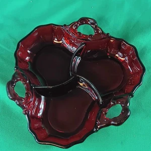 Vintage rubinrotes Glas Konvolut - geteilte Schale, Tassen, Schüsseln, Teller - Mid Century - Bild 1 von 22