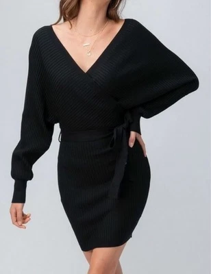 Vestido suéter negro acanalado tejido envolvente con cinturón de lazo automático  Foto 1 de 4