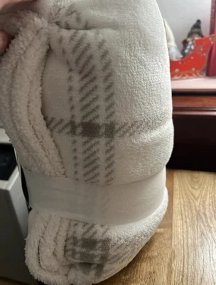 Reversible Printed Velvet Plush & Faux Shearling Throw Blanket 50x50 Beige Plaid - Image 1 of 4