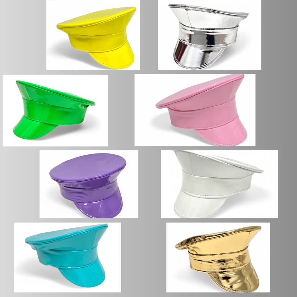 Neón Mujeres Hombres Brillante Láser Charol Sombrero Policía Cos Capitán Gorra Ropa de Club Foto 1 de 4