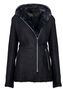 Women's Elegant Black Snowtip Hooded Suede Merino Shearling Sheepskin Coat - Picture 1 of 5
