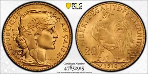FRANCIA, ORO 20 FRANCOS 1910 - PCGS MS 66, RARO7 - Imagen 1 de 3
