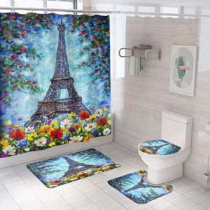 Flower Tower Shower Curtain Set Bathroom Small Rug Floor Mat Toilet Cover - Picture 1 of 20