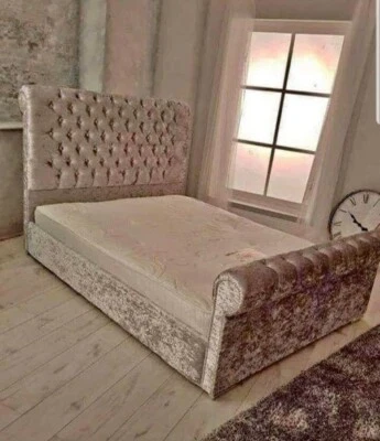 2024 new year Stylish Sleigh Chesterfield Upholstered  Crushed Velvet Bed - Image 1 of 4