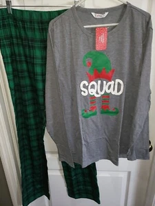 MENS NEW NWT CHRISTMAS PAJAMAS 2 PC SET size XL ELF SQUAD GREEN BLACK PLAID CUTE - Picture 1 of 1