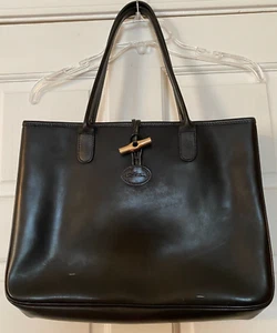 Longchamp Large Black Leather Tote Bag Classic Design Double Handles Toggle - Picture 1 of 8