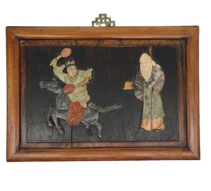 Antique Chinese Wiseman Horse Rider Wood Inlay Hand Carved Stone Jade Wall Art - Picture 1 of 24