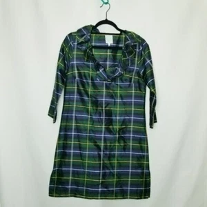 Devon Baer Silk Plaid tartan Dress ruffle neckline Green Blue Size small NWOT - Picture 1 of 15