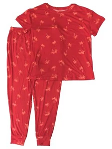 Womens Pink & Orange Tropical Palm Tree Pajamas Joggers & Tee Sleep Set - Picture 1 of 2